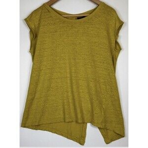 Tahari Shirt Womens Medium Yellow‎ Linen Asymmetrical Hem Button Back Top